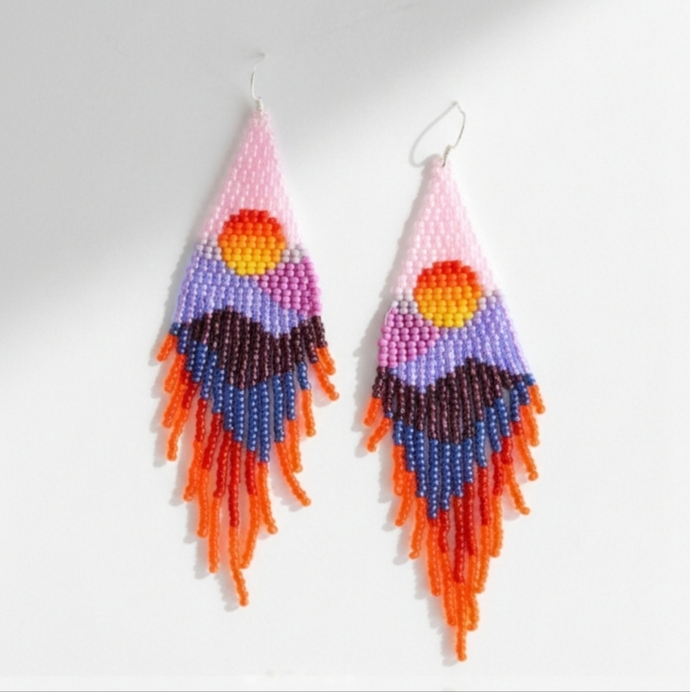 🆕️ Large Handcrafted Sunset Beaded Dangle Earrings